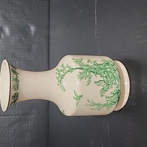 "K's Collection" Vintage Green & Cream Vase, Rooster, Pheasants, Foliage, 7”